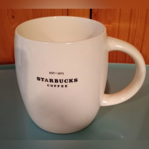 Starbucks Solid White With Black Logo Est 1971 Barrel Coffee Mug 14 Oz Cup 2008 - Picture 1 of 6